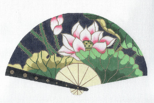 Oriental Fan ~ Elegant Oriental Lotus Blossoms FAN Japanese handpainted Needlepoint Canvas by LEE