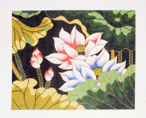 Canvas ~ Floral Oriental Lotus Blossom Garden handpainted "BF" Needlepoint Canvas by LEE