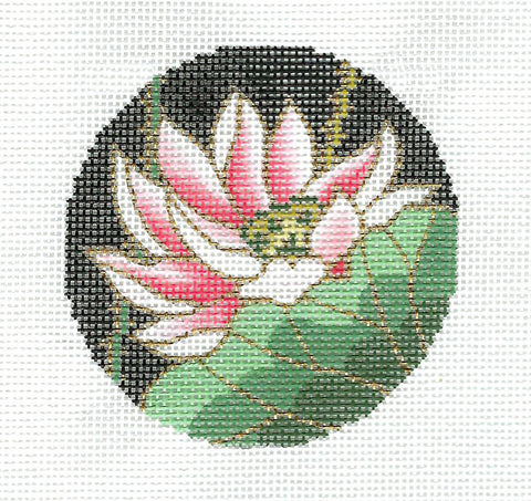 3" Round ~ Oriental Lotus Flower handpainted Needlepoint Canvas 3" Rd. on 18 mesh by LEE