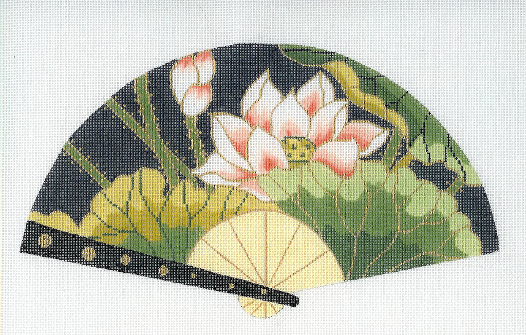 Oriental Fan ~ Elegant Oriental Lotus Blossoms FAN Japanese handpainted Needlepoint Canvas by LEE