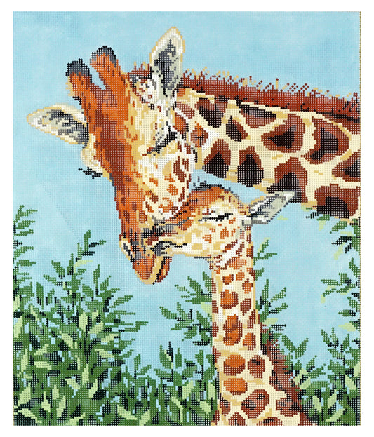 Animals ~ "Love Lasts Long", Mom and Baby Giraffe handpainted Needlepoint Canvas by Sandra Gilmore
