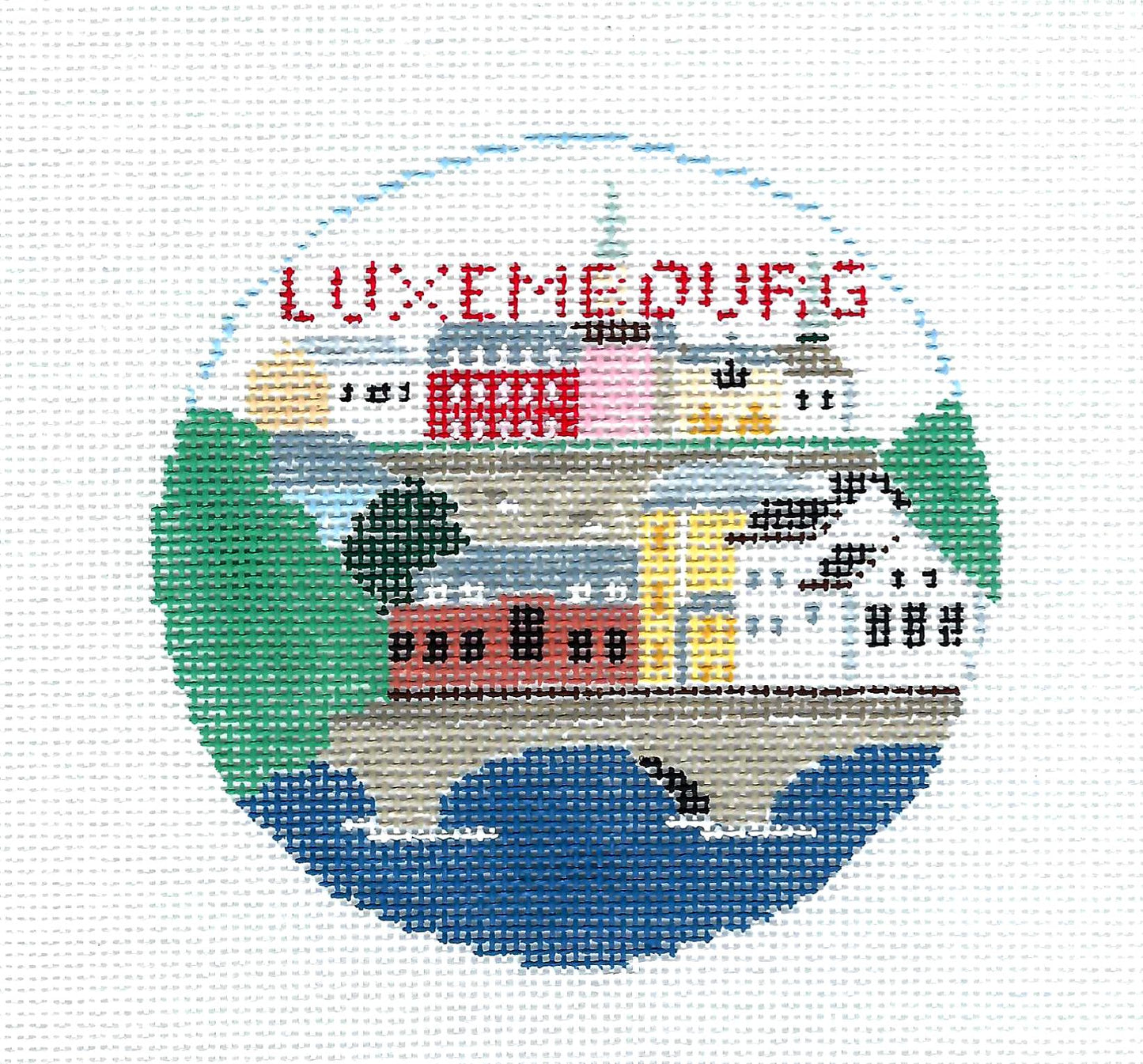 Travel Round ~ COUNTRY OF LUXEMBOURG  4" Rd. handpainted 18 Mesh Needlepoint Canvas by Kathy Schenkel