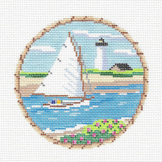 Round ~ Sailing Cat Boat Nantucket and New England Coast 4.25" handpainted Needlepoint Canvas round by MBM Designs
