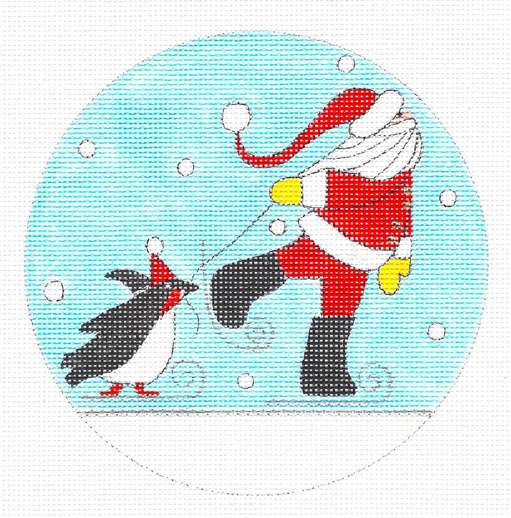 Round ~ The Skaters ~ Santa and His Penguin with Stitch Guide 18 Mesh handpainted Needlepoint Canvas by Mile High Princess