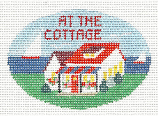 Oval ~ At The Cottage handpainted Needlepoint Canvas by Kathy Schenkel