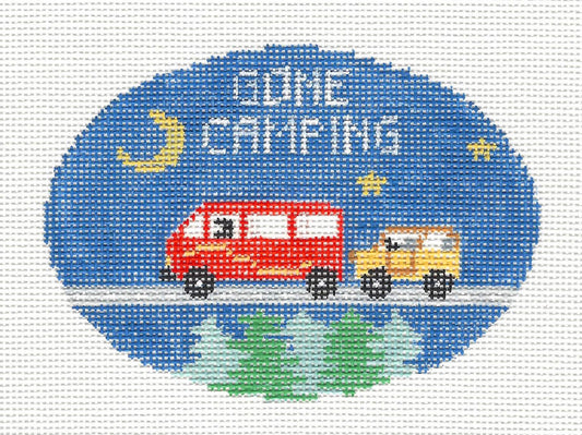 Oval ~ Gone Camping Adventures handpainted Needlepoint Canvas by Kathy Schenkel