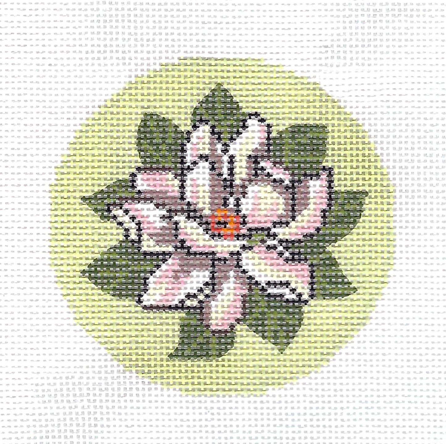 Round ~ Magnolia Blossom Flower 3" Rd. 18 mesh handpainted Needlepoint Canvas Ornament or Insert by LEE