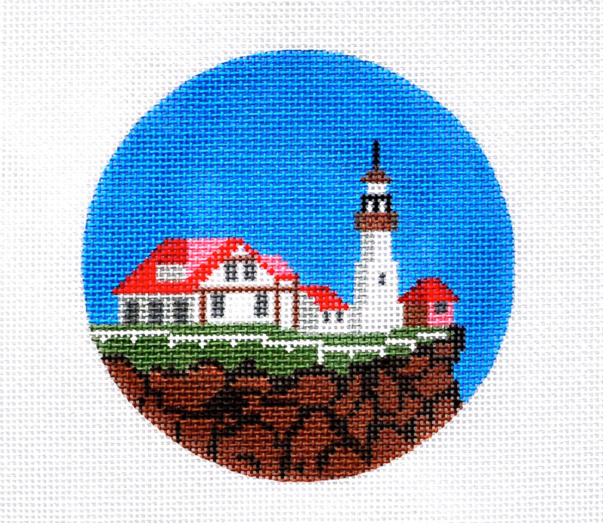 Travel Round ~ MAINE Coast with Lighthouse 4"Rd. handpainted 18 Mesh Needlepoint Canvas by Painted Pony