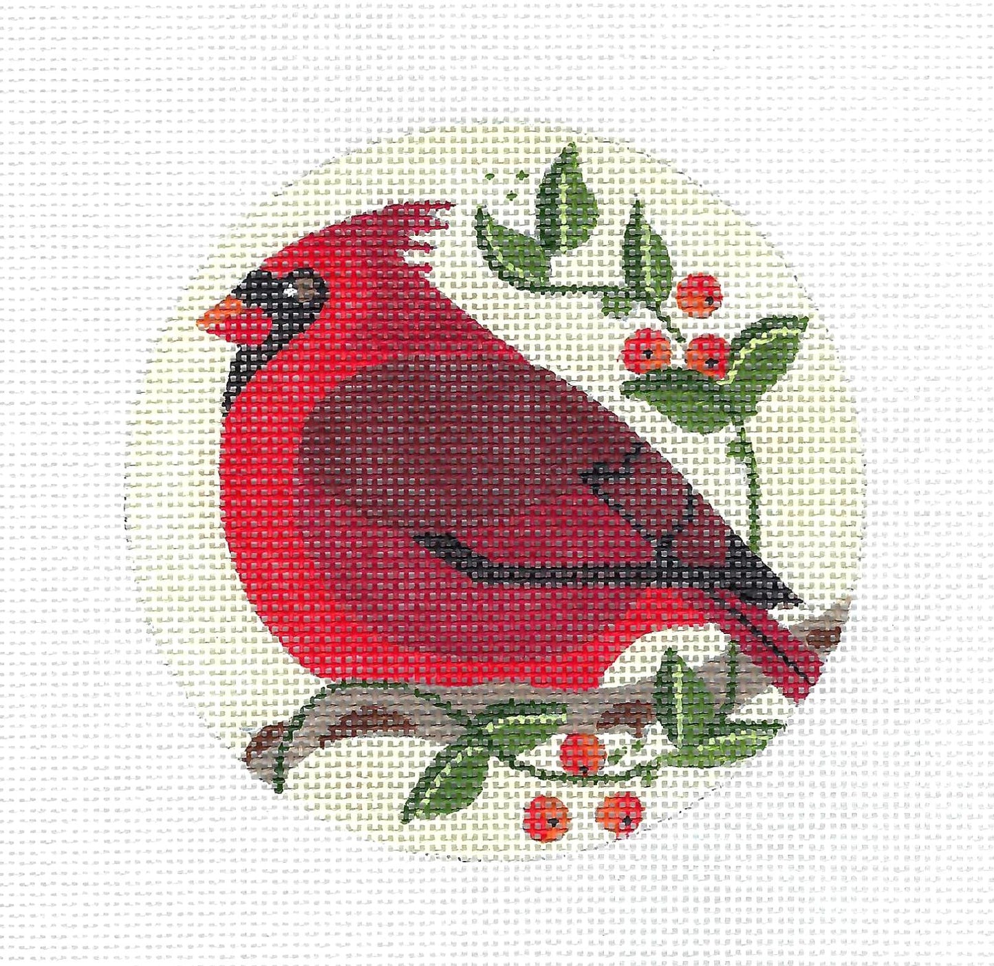 Bird Canvas ~ Cardinal Bird in Berries handpainted 4" Rd. Needlepoint Ornament Canvas by Melissa Prince