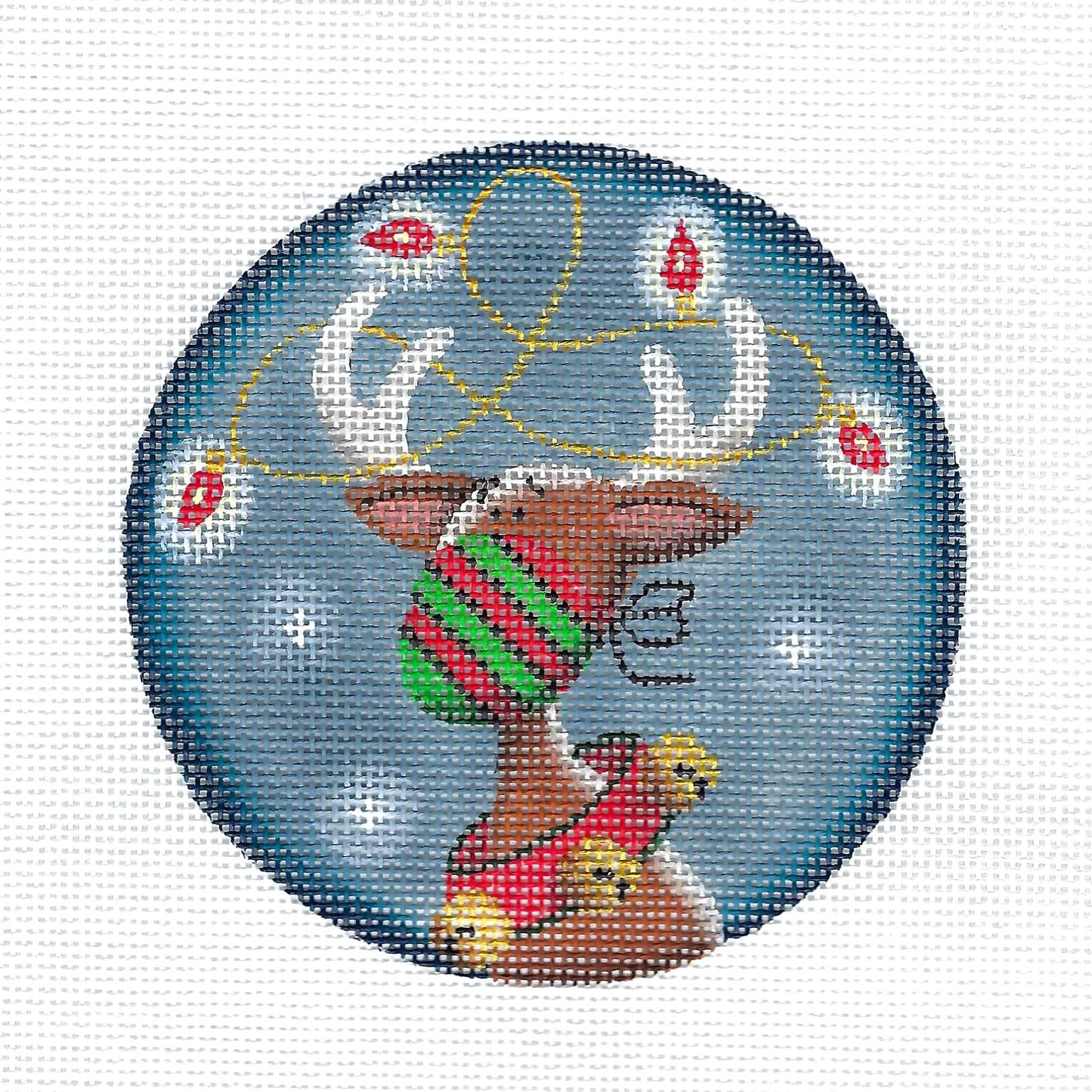 "MASK UP" ~ Christmas Reindeer and Lights COVID MASK Handpainted Needlepoint Canvas by Rebecca Wood