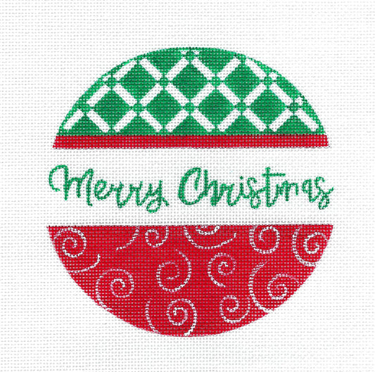 Christmas Round ~ MERRY CHRISTMAS handpainted 5" ROUND Needlepoint Canvas by Pink Petals from CBK