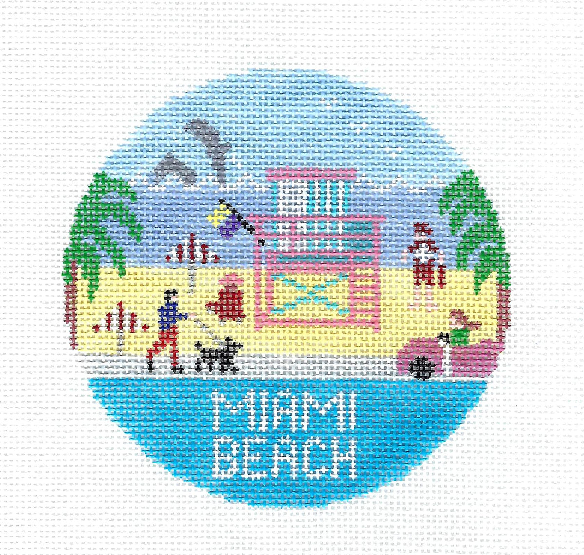 Travel Round ~ Miami Beach, Florida Tropical  handpainted Needlepoint canvas 4.25" Rd. Ornament by Doolittle