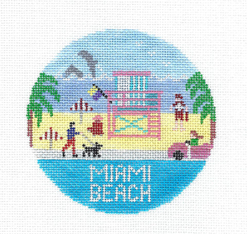 Travel Round ~ Miami Beach, Florida Tropical  handpainted Needlepoint canvas 4.25" Rd. Ornament by Doolittle