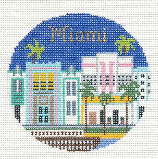 Round ~ MIAMI, FLORIDA handpainted 4.25" Needlepoint Ornament Canvas by Silver Needle