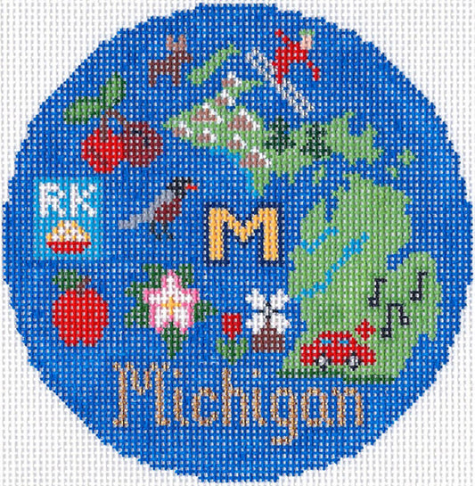 Travel Round ~ STATE of MICHIGAN handpainted 4.25" 18 mesh Needlepoint Canvas by Silver Needle