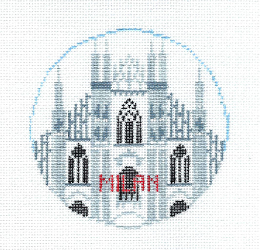 Travel Round ~ MILAN, ITALY ~ CATHEDRAL BASILICA handpainted 4" Needlepoint Ornament Canvas by Kathy Schenkel