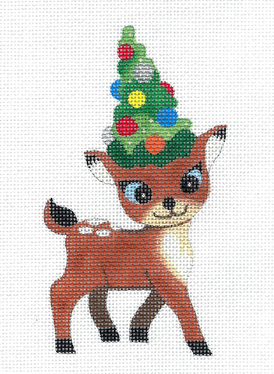 Reindeer ~ STANDING Reindeer with Christmas Tree Ornament handpainted Needlepoint Canvas by Raymond Crawford