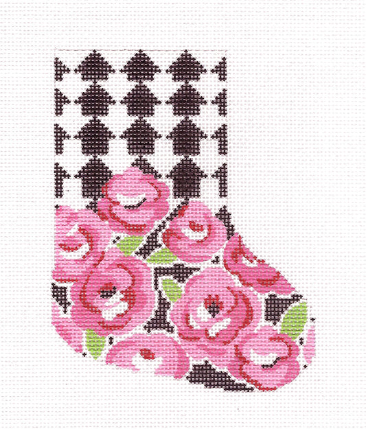Mini Stocking ~ Black & White with Pink Roses Mini Stocking *RETIRED* handpainted Needlepoint Canvas Ornament by LEE