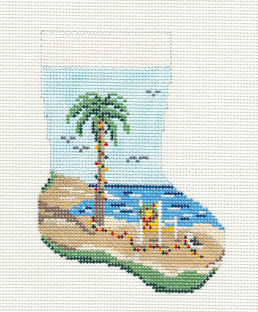 Mini Stocking ~ Christmas Palm Tree on the Beach handpainted 13 mesh Mini Stocking Needlepoint Canvas by Needle Crossings