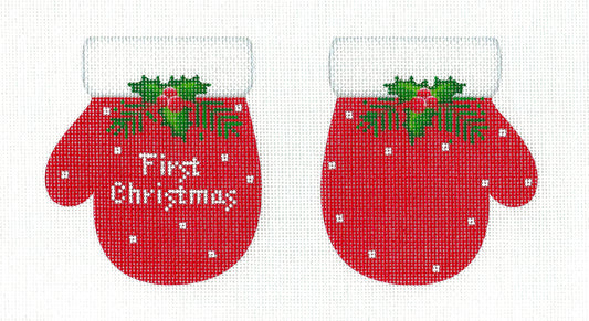 Christmas Mitten ~ Baby's First Christmas ~ 2 Sided ~ Red Mittens handpainted Needlepoint Canvas by Pepperberry