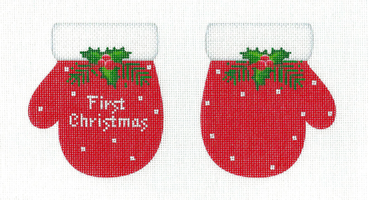 Baby's ~ Baby's First Christmas Mittens ~ 2 Sided ~ Red Mittens handpainted Needlepoint Canvas by Pepperberry