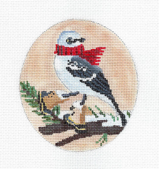 Bird Canvas ~ Mockingbird in Boots & Scarf Ornament  Hand Painted Needlepoint Canvas by Scott Church