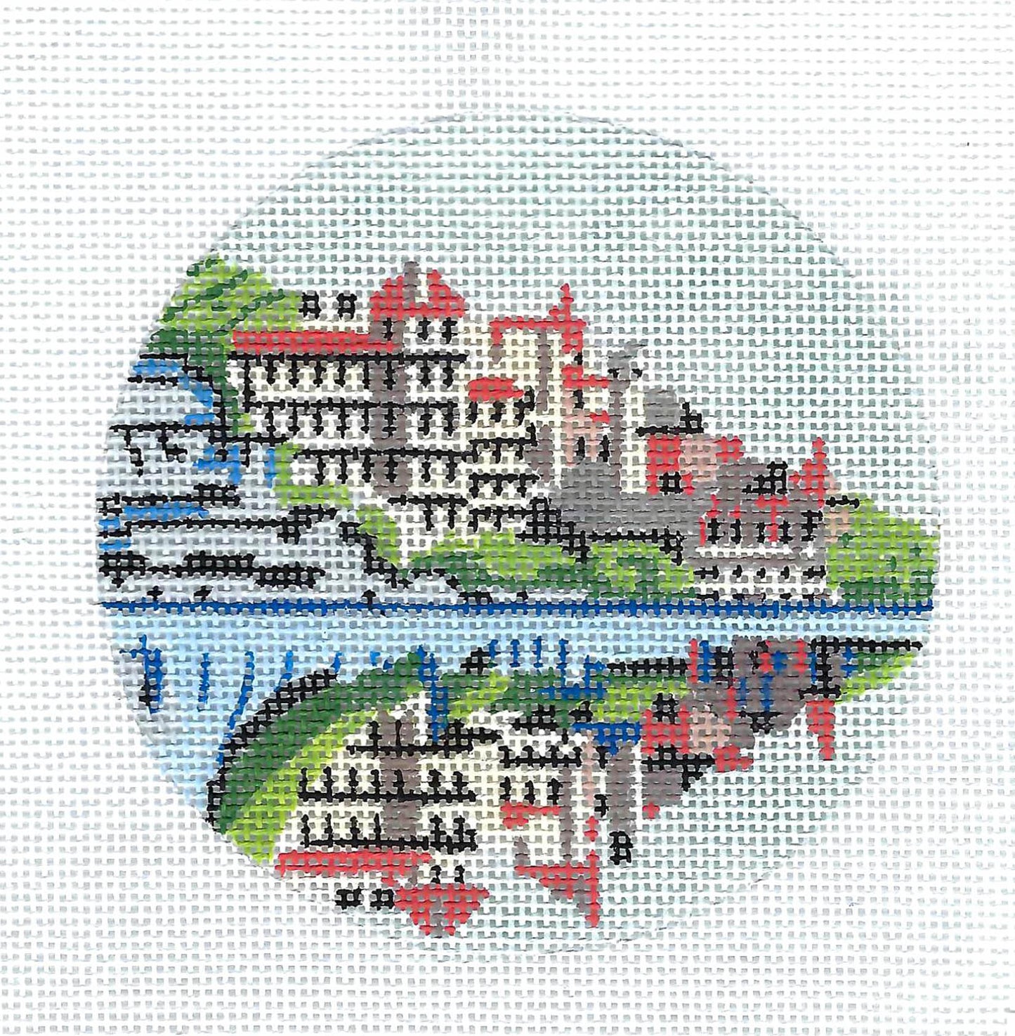 Travel Round ~ "Mohonk Mountain House" in New Paltz, New York handpainted Needlepoint Canvas by Purple Palm