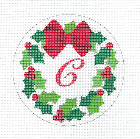 Holly Wreath Monogram Letter "C" 18 Mesh handpainted 4" Needlepoint Canvas by Pepperberry