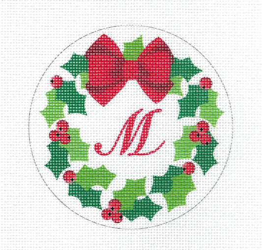 Holly Wreath Monogram Letter "M" 18 Mesh handpainted Needlepoint Canvas by Pepperberry