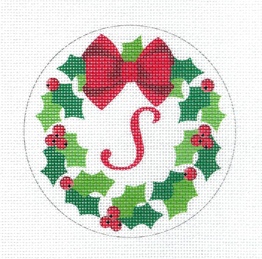 Holly Wreath Monogram Letter "S" 18 Mesh handpainted Needlepoint Canvas by Pepperberry