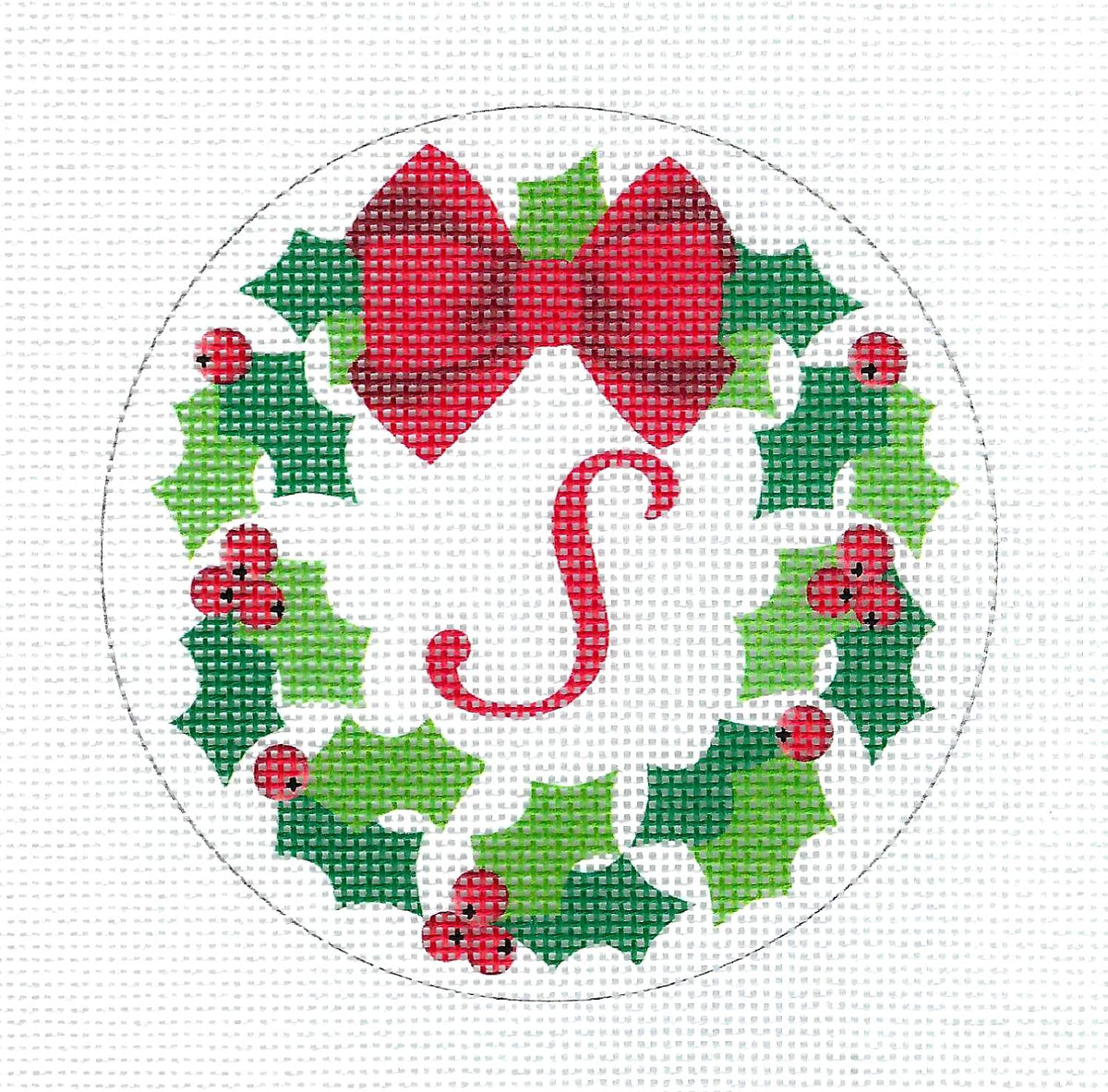 Holly Wreath Monogram Letter "S" 18 Mesh handpainted Needlepoint Canvas by Pepperberry