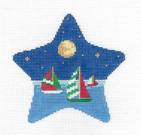STAR ~ Moonlit Sail 3 Sailboats Under a Full Moon handpainted Needlepoint Ornament by Susan Roberts