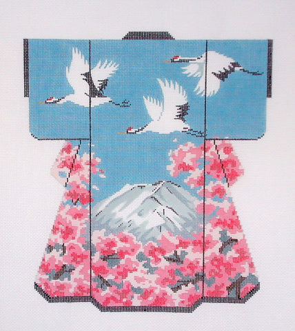 Kimono ~ Cranes Flying Over Mt. Fuji Oriental LG. Kimono handpainted Needlepoint Canvas by LEE