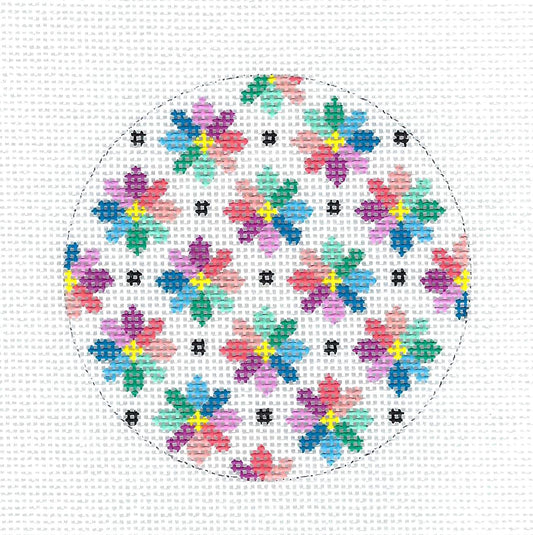 Round ~ Multi-colored Flowers 3.25" Round  handpainted Needlepoint Canvas Ornament or Insert by LEE