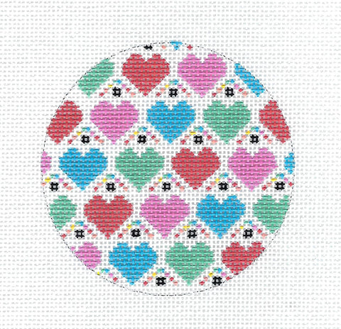 Round ~ Multi-colored Hearts 3.25 Round handpainted Needlepoint Canvas Ornament or Insert by LEE