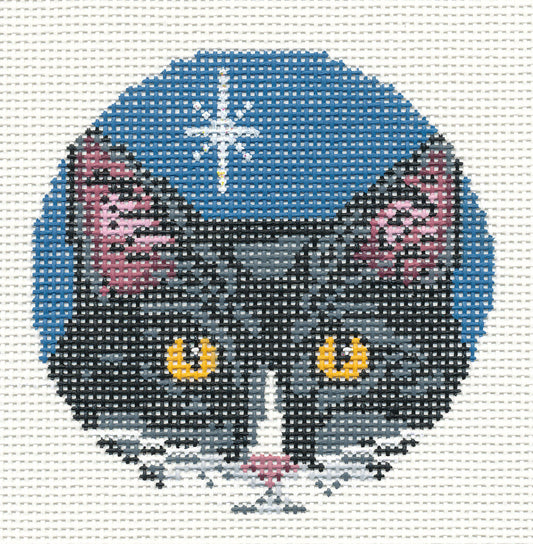 Cat Round ~ Black & White Cat Face 3" Ornament 18mesh handpainted Needlepoint Canvas by Needle Crossings