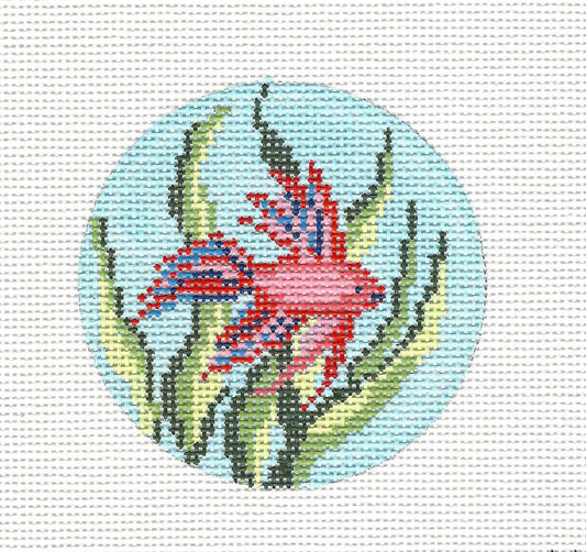 3" Round ~ Red & Blue Betta Fish handpainted 3" Needlepoint Canvas by Needle Crossings