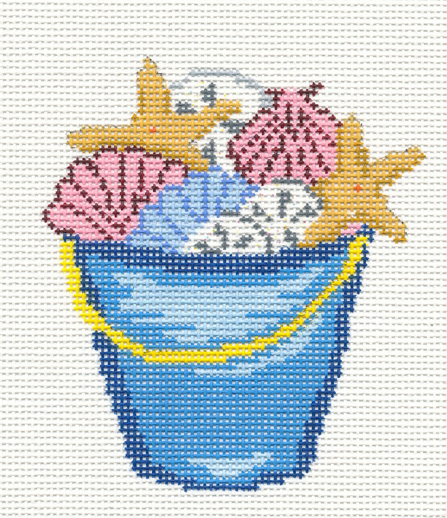 Summer Canvas ~ Summer Blue Beach Bucket filled with Shells handpainted Needlepoint Canvas by Needle Crossings