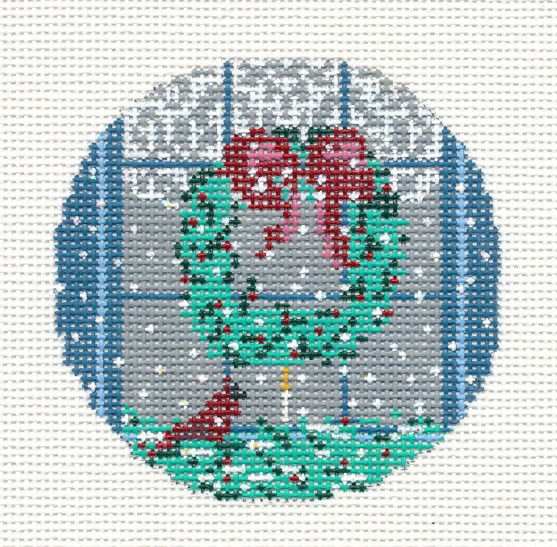 Round ~ Cardinal at the Window 3" Ornament handpainted Needlepoint Canvas by Needle Crossings