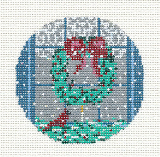 Round ~ Cardinal at the Window 3" Ornament handpainted Needlepoint Canvas by Needle Crossings