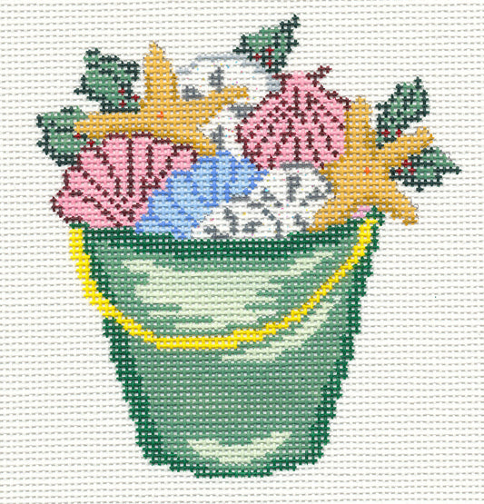 Summer Canvas ~ Summer Green Beach Bucket filled with Shells handpainted Needlepoint Canvas by Needle Crossings