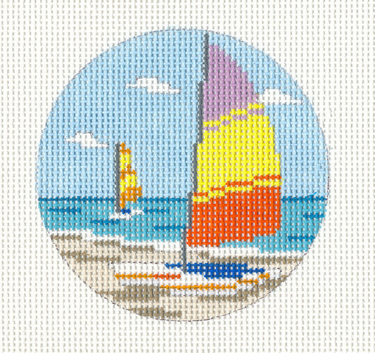Round~3" Sunfish Sailboats Ornament handpainted Needlepoint Canvas~by Needle Crossings