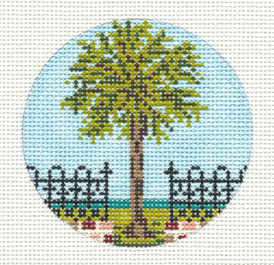 Tropical Round ~ Palmetto Palm Tree Ornament handpainted 3" Needlepoint Canvas by Needle Crossings