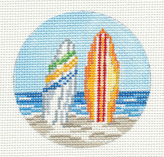 Round ~ Beach with Surf Boards 3" Ornament handpainted Needlepoint Canvas by Needle Crossings