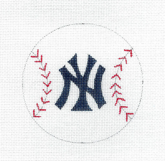Sports ~ NEW YORK YANKEES BASEBALL 18 mesh HP Needlepoint 4" Rd. Ornament by Alice Peterson