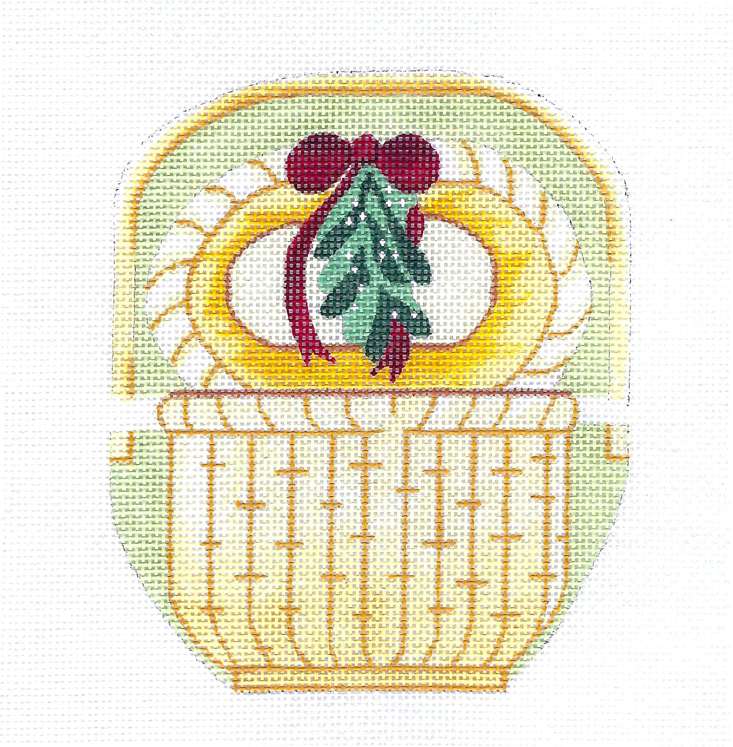 Holiday Nantucket Basket with Mistletoe handpainted Needlepoint Canvas by Silver Needle