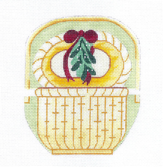 Holiday Nantucket Basket with Mistletoe handpainted Needlepoint Canvas by Silver Needle