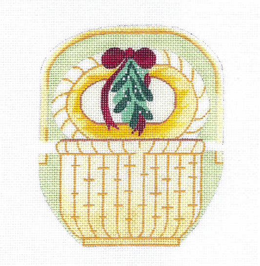 Holiday Nantucket Basket with Mistletoe handpainted Needlepoint Canvas by Silver Needle