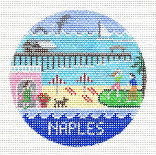 Travel Round ~ NAPLES, FLORIDA West Coast 4" Rd. handpainted 18 mesh Needlepoint Ornament by Doolittle