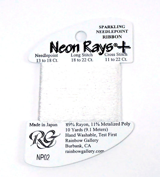 Threads ~ Neon Rays+ "Plus" #NP02  "White" Sparkling Stitching Ribbon for Needlepoint by Rainbow Gallery